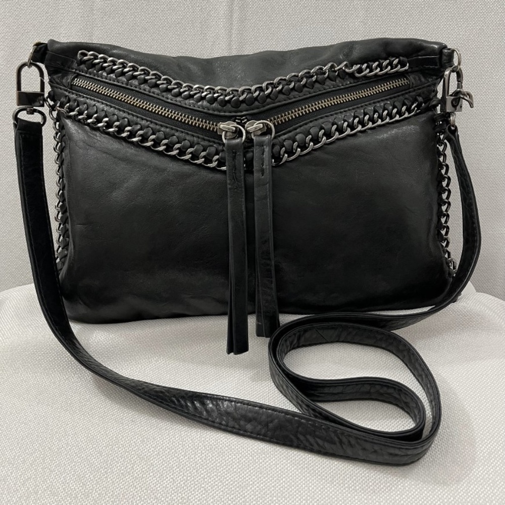 Stunning Treesje Black Leather Crossbody bag with metal chain design. Unique!